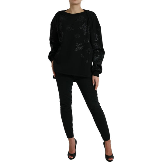 Dolce & Gabbana Black Pullover Floral Logo Applique Sweater TSH84221-40