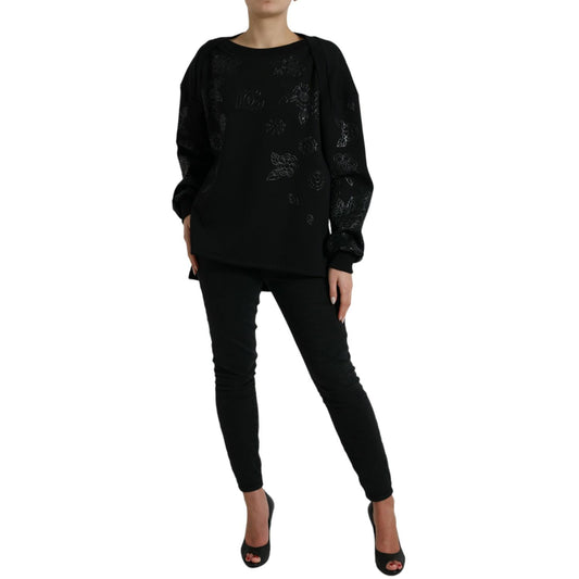 Dolce & Gabbana Black Pullover Floral Logo Applique Sweater TSH84221-40
