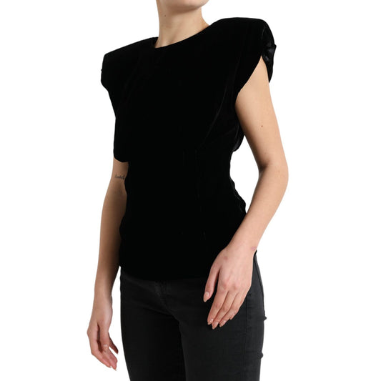 Dolce & Gabbana Black Velvet Fitted Padded Shoulder Blouse Top TSH84239-40