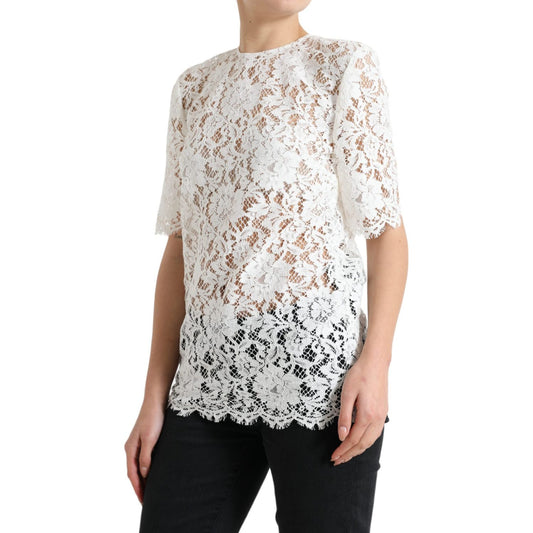 Dolce & Gabbana White Floral Lace Cotton Round Neck Blouse Top TSH84258-40