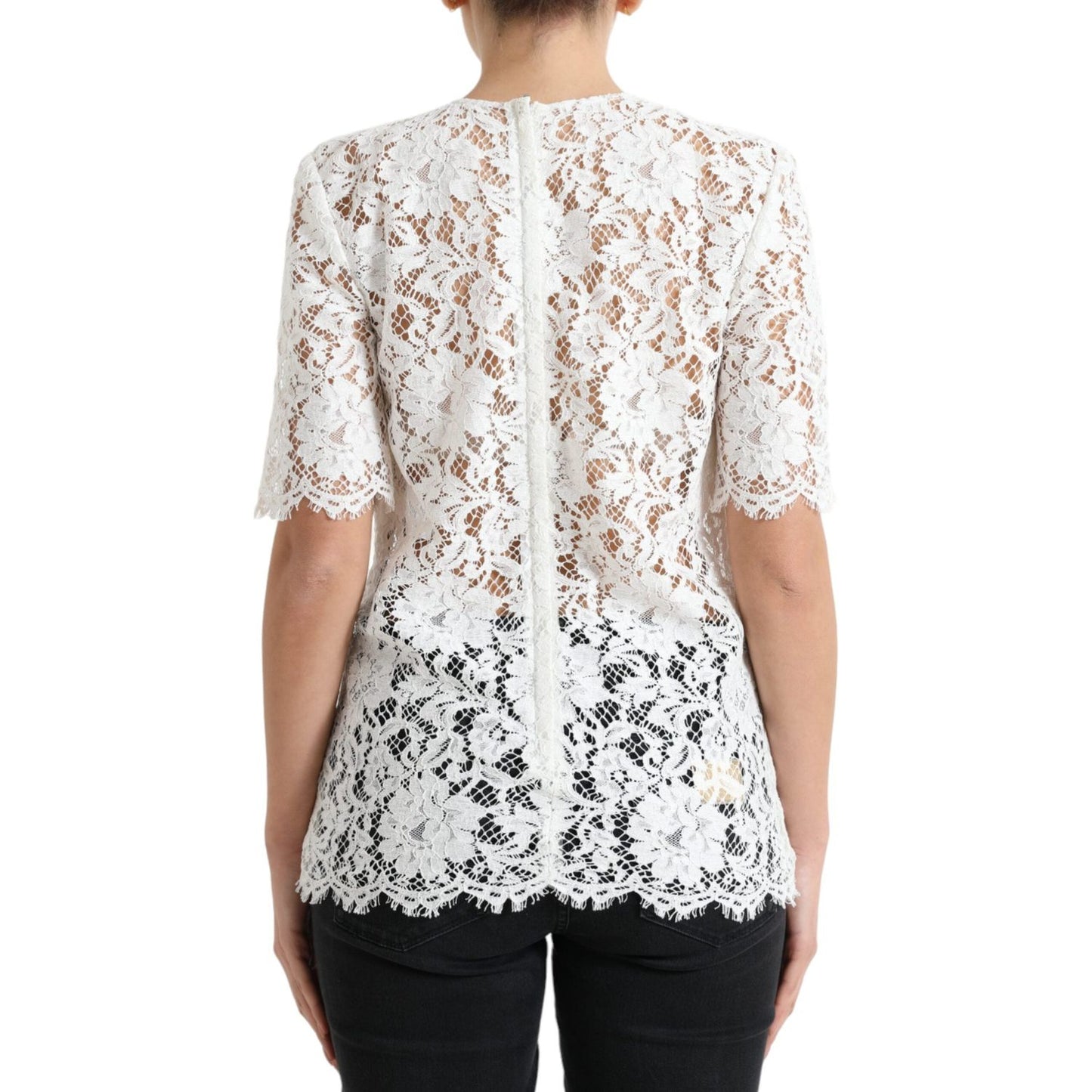 Dolce & Gabbana White Floral Lace Cotton Round Neck Blouse Top TSH84258-40