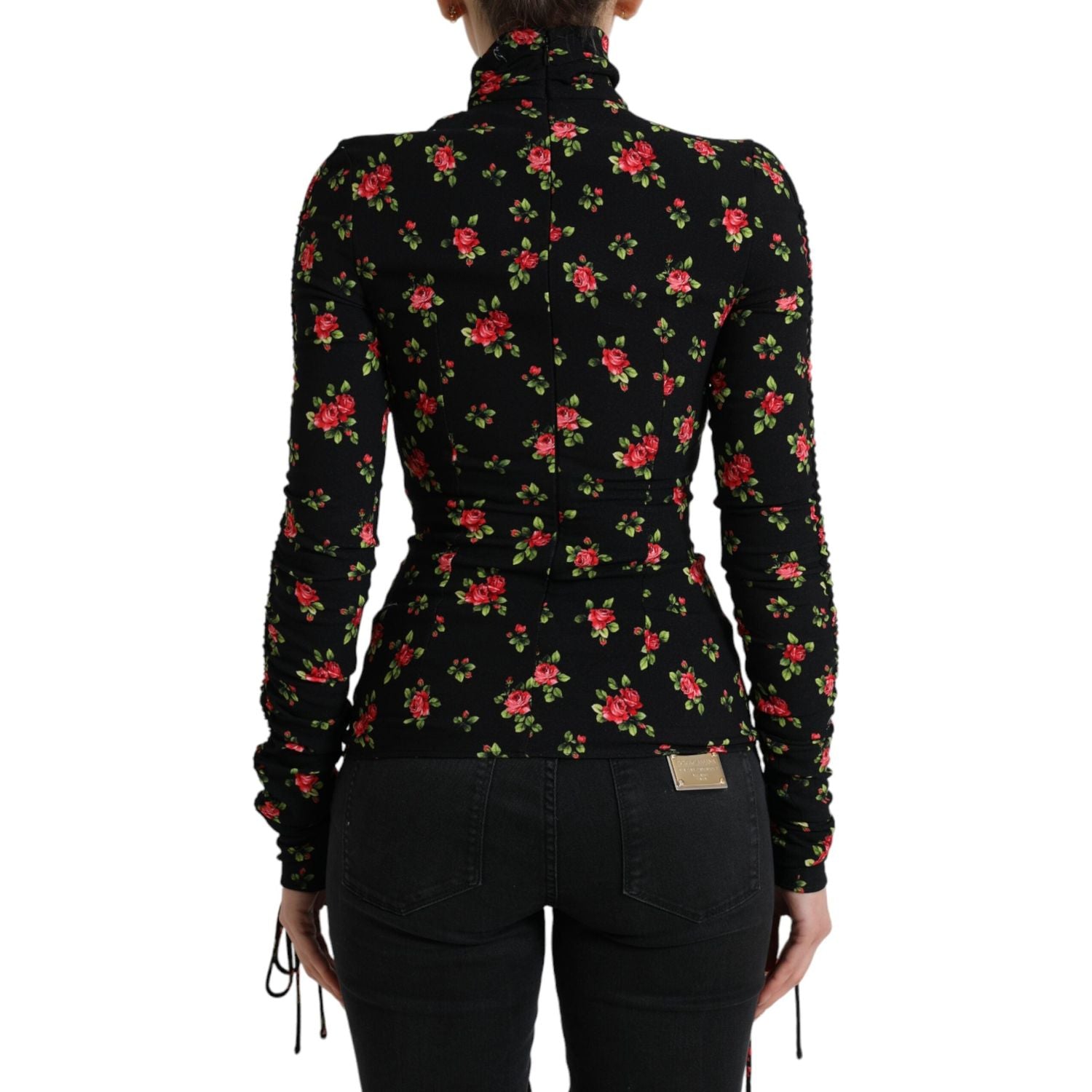 Dolce & Gabbana Black Rose Print Turtle Neck Blouse Top