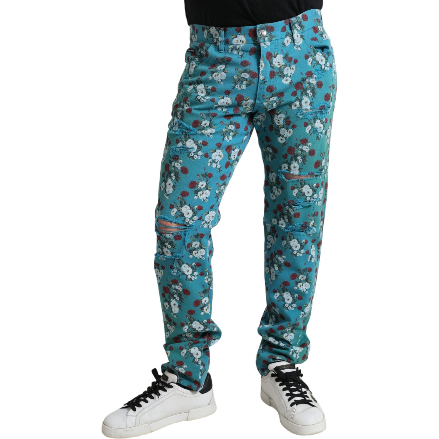 بنطلون جينز ضيق أنيق مزين بالزهور من دولتشي آند غابانا