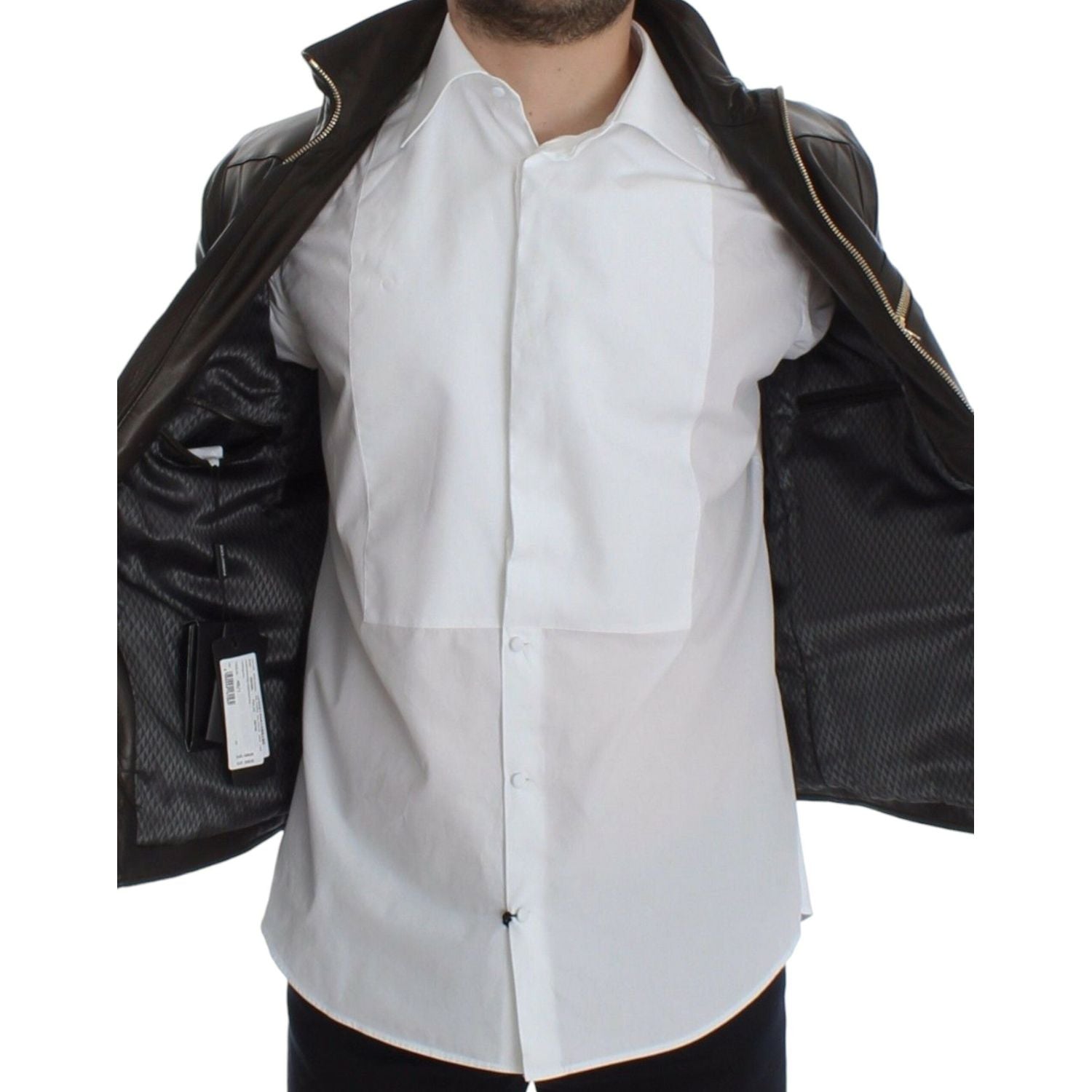 سترة جلدية أنيقة باللون البني مع تفاصيل ذهبية من دولتشي آند غابانا