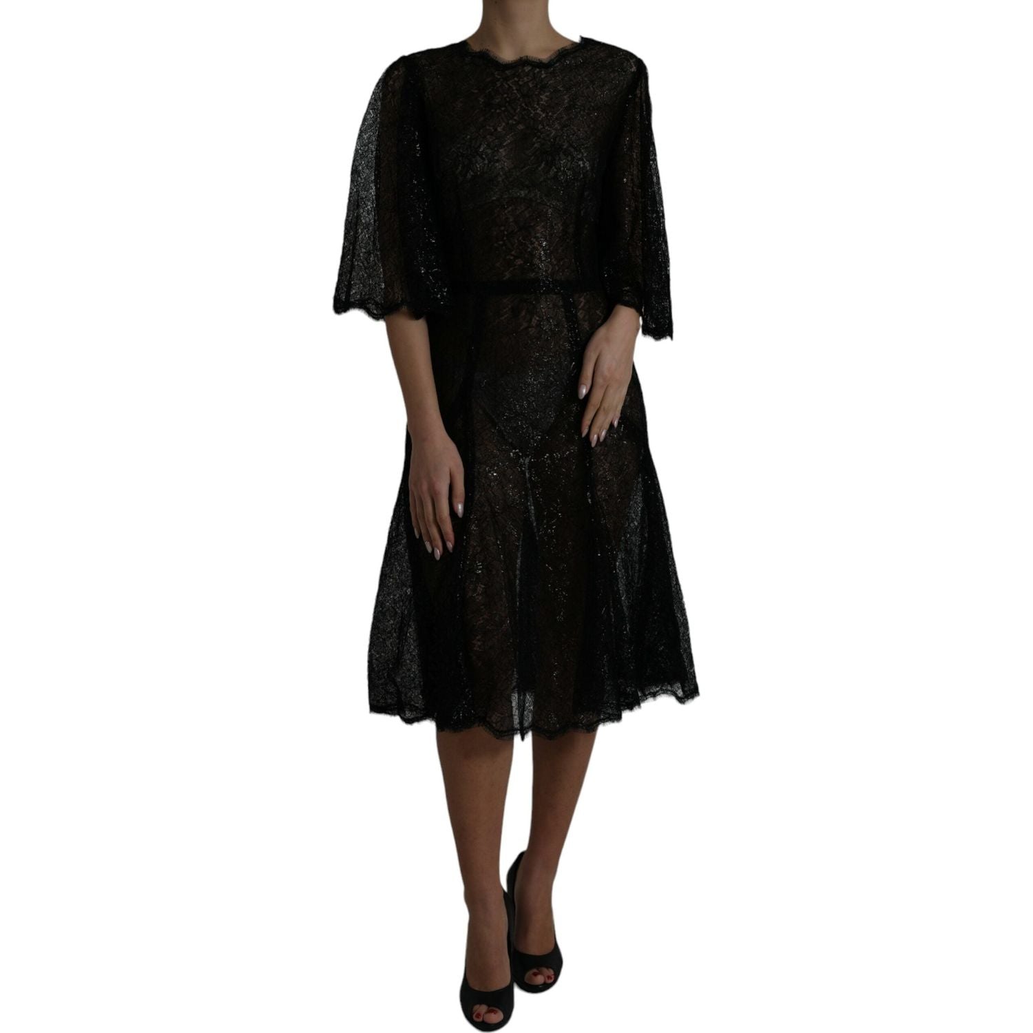 Dolce & Gabbana Black Floral Lace Sheer A-line Midi Dress