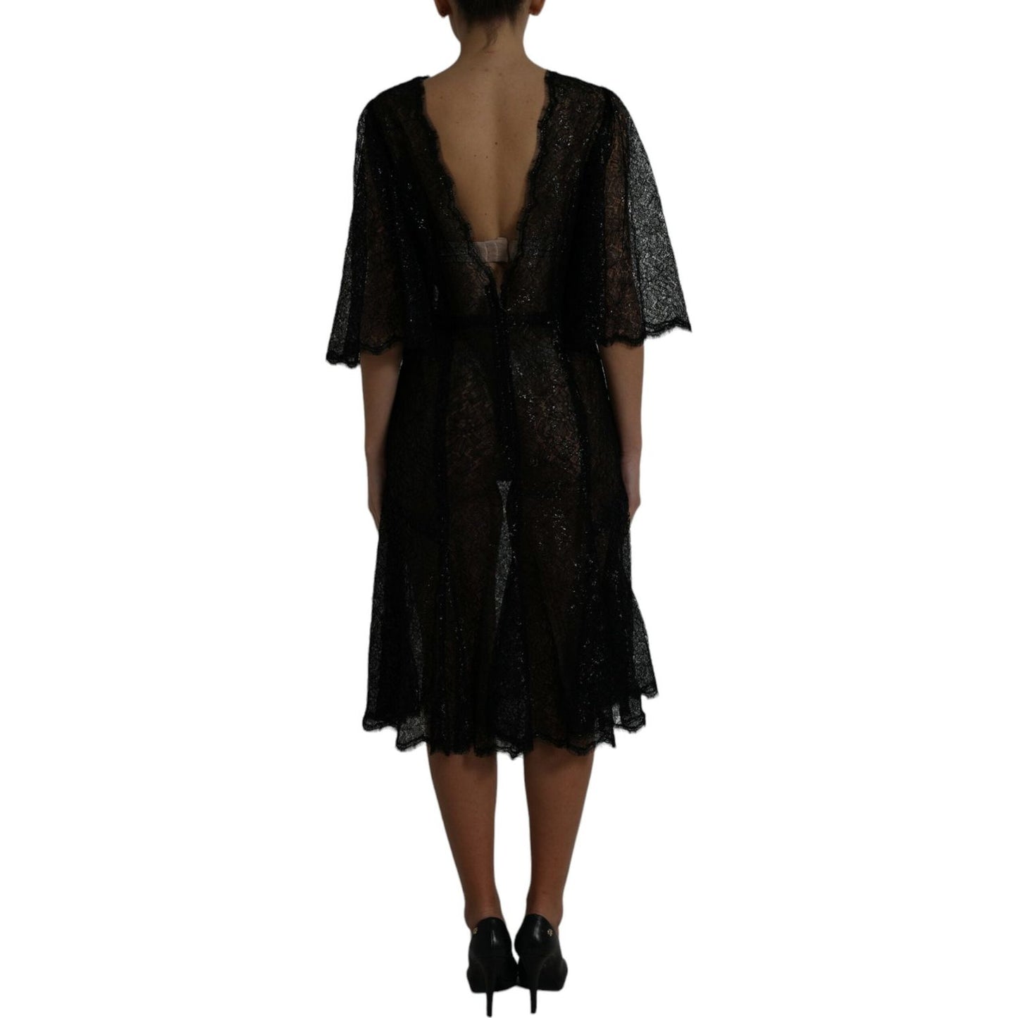 Dolce & Gabbana Black Floral Lace Sheer A-line Midi Dress DR281116-48