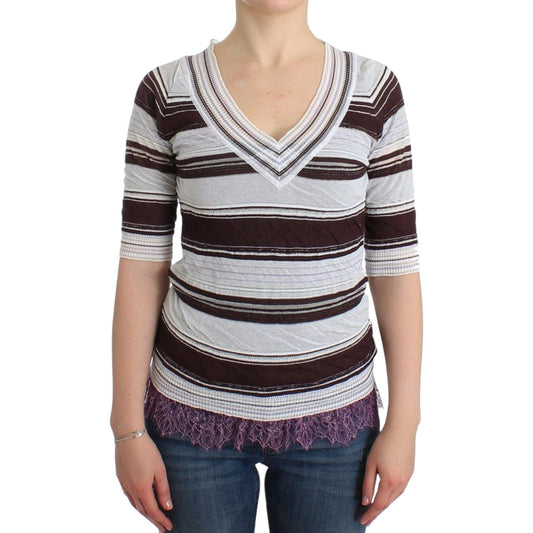 Ermanno Scervino Striped Lace V-Neck Short Sleeve Top Sweater SIG11859-1