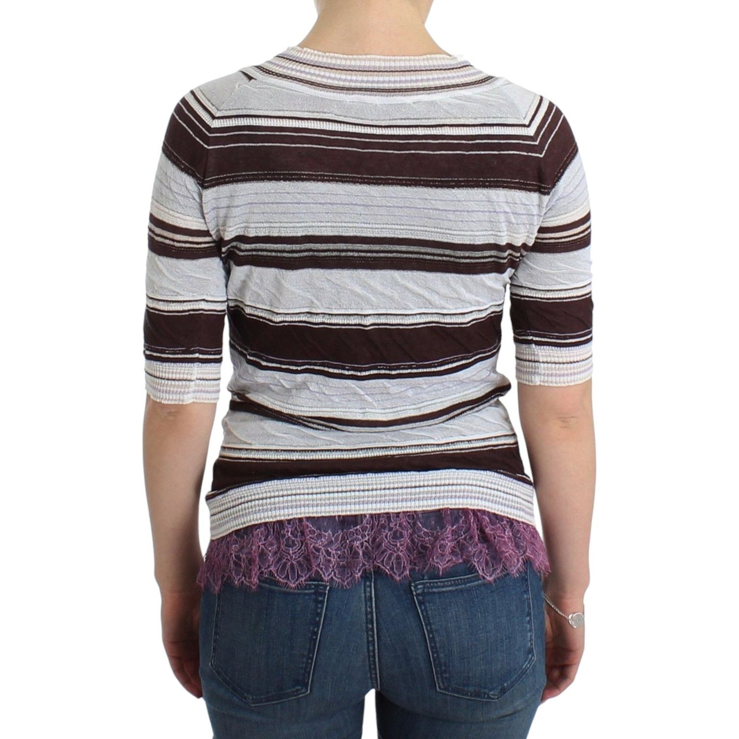 Ermanno Scervino Striped Lace V-Neck Short Sleeve Top Sweater SIG11859-1