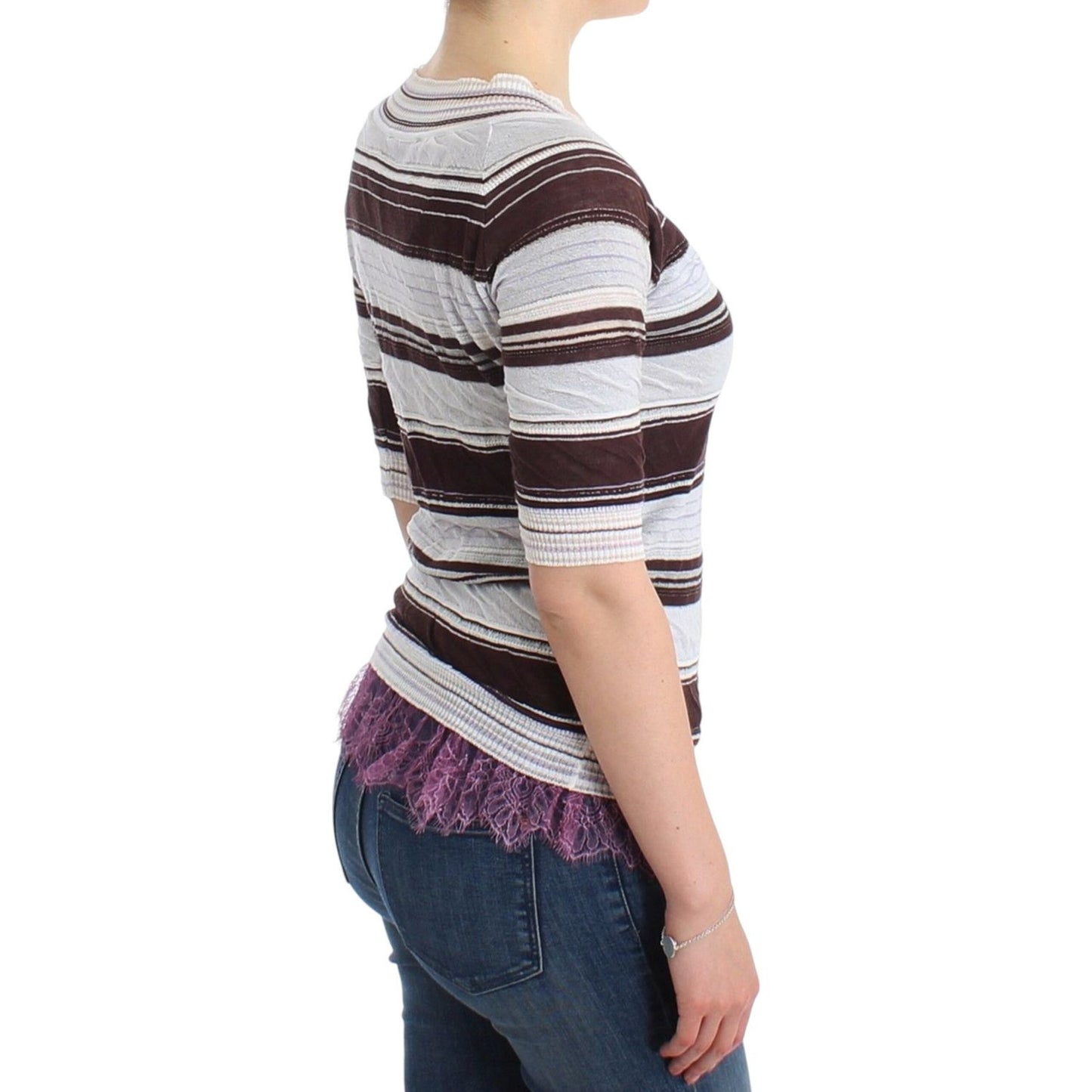 Ermanno Scervino Striped Lace V-Neck Short Sleeve Top Sweater SIG11859-1