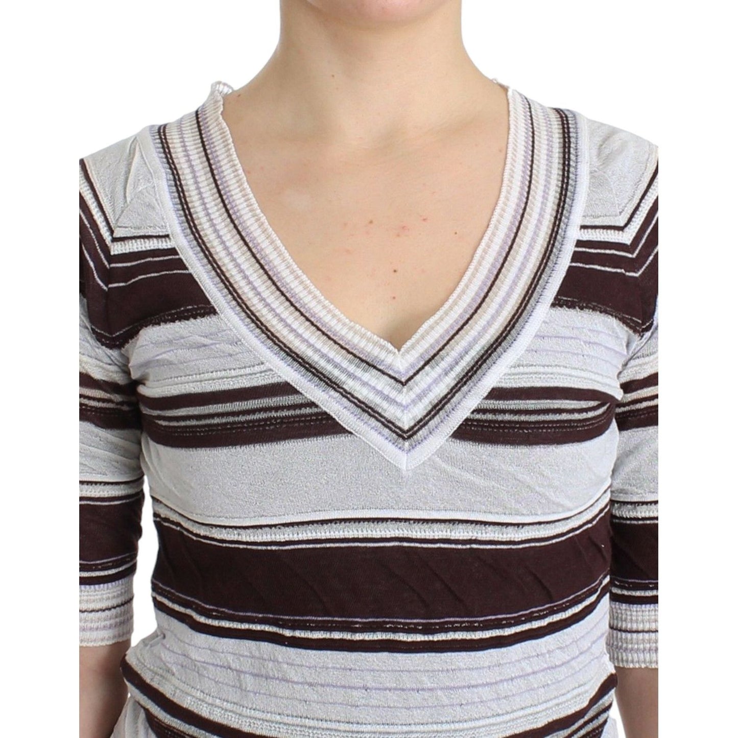 Ermanno Scervino Striped Lace V-Neck Short Sleeve Top Sweater SIG11859-1