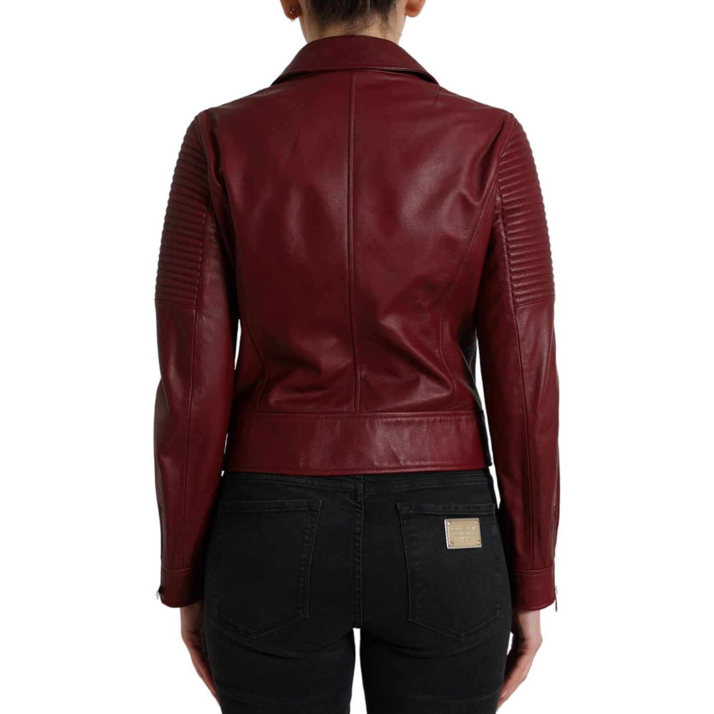 Dolce & Gabbana Bordeaux Leather Biker Coat Lambskin Jacket JKT3713-40