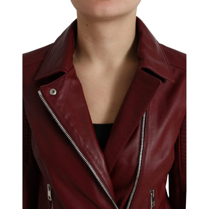Dolce & Gabbana Bordeaux Leather Biker Coat Lambskin Jacket