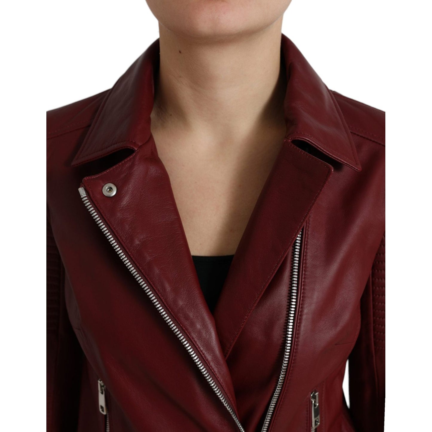 Dolce & Gabbana Bordeaux Leather Biker Coat Lambskin Jacket JKT3713-40