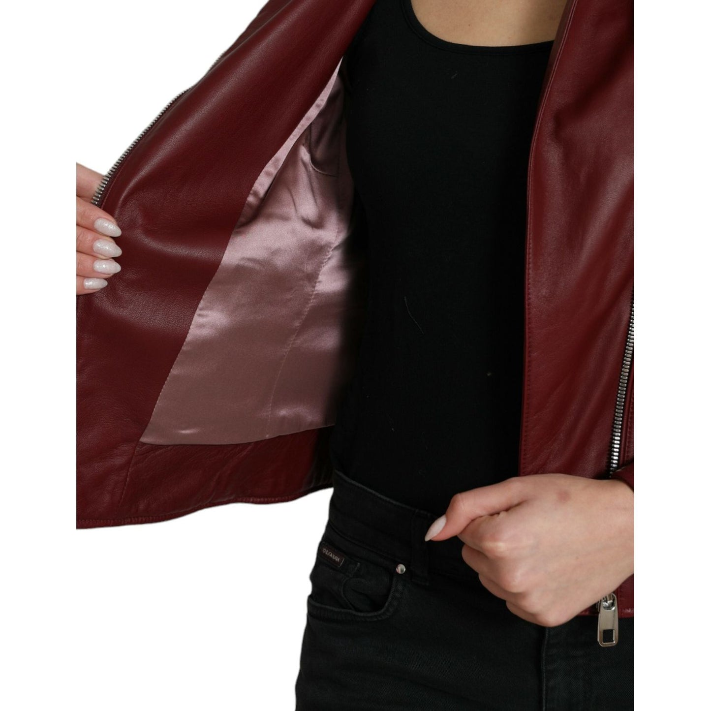 Dolce & Gabbana Bordeaux Leather Biker Coat Lambskin Jacket JKT3713-40