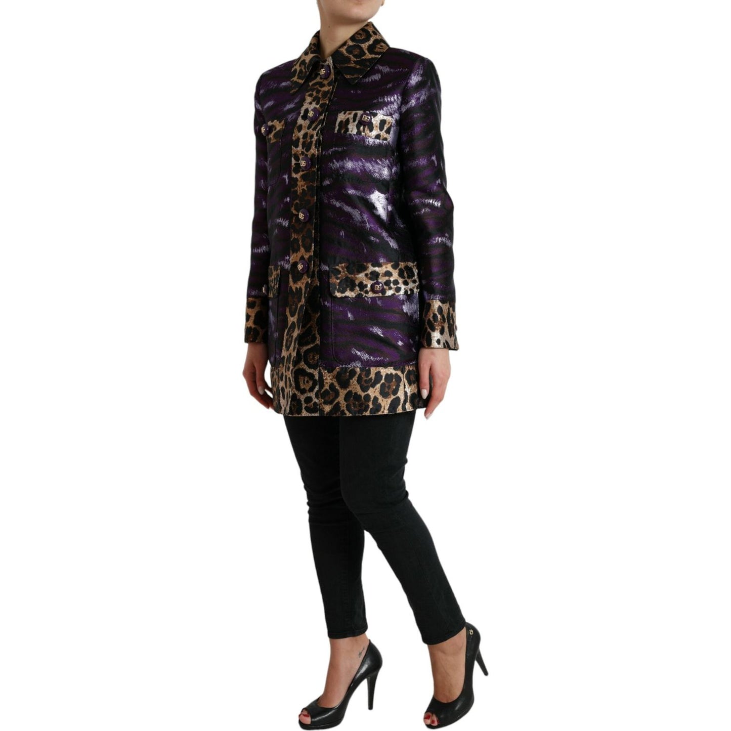 Dolce & Gabbana Purple Lamé Jacquard Tiger Print Coat Jacket