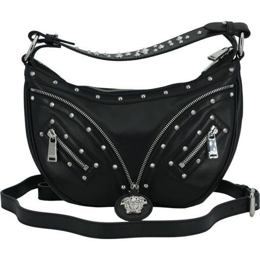 Versace Elegant Black Leather Hobo Shoulder Bag 8056204137471