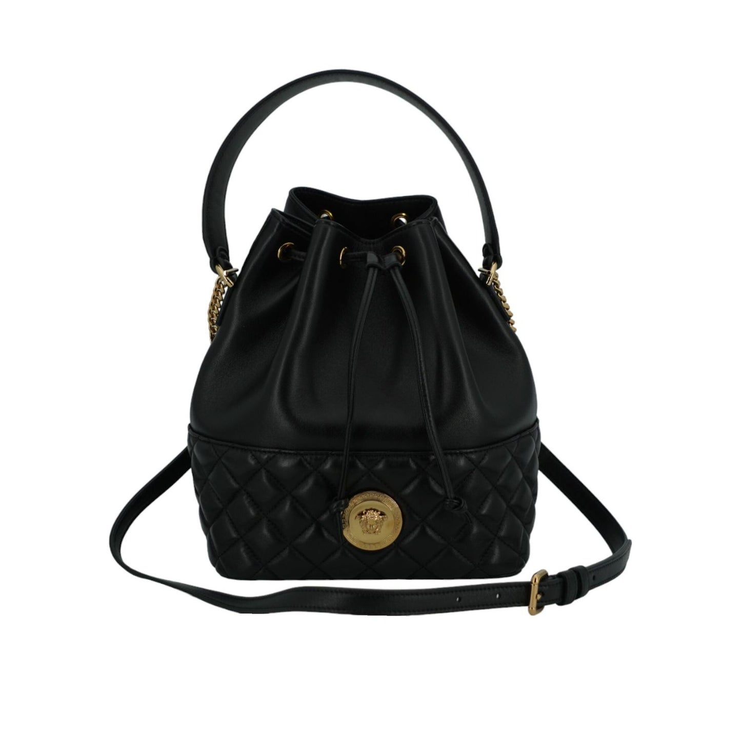 Versace Elegant Black Leather Medusa Bucket Shoulder Bag 8056204626517