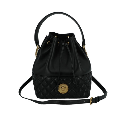 Versace Elegant Black Leather Medusa Bucket Shoulder Bag 8056204626517