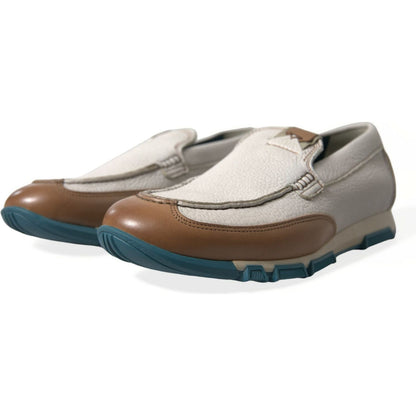 Dolce & Gabbana White Brown Leather Slip On Men Moccasin Shoes