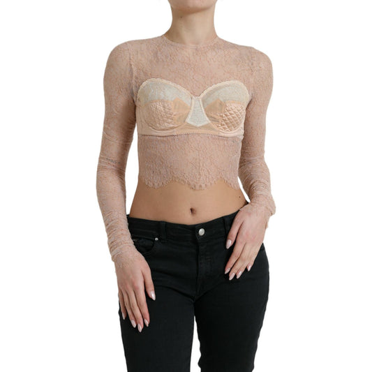 Dolce & Gabbana Beige Nylon Floral Lace Bustier Cropped Top TSH84280-40