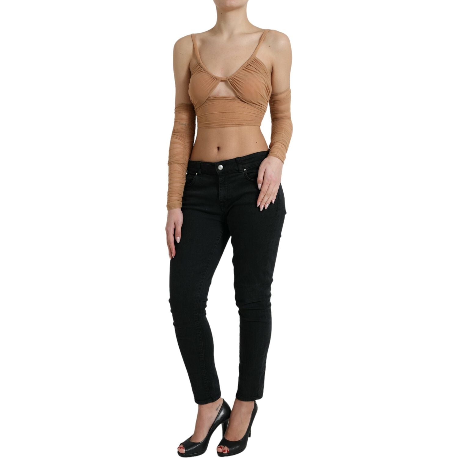 Dolce & Gabbana Brown Nylon Stretch Open Shoulder Cropped Top