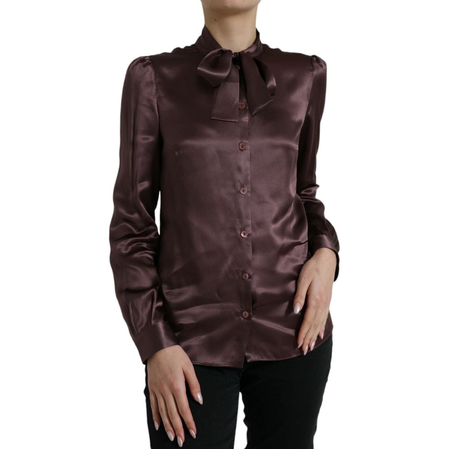 Dolce & Gabbana Brown Silk Ascot Collar Long Sleeve Blouse Top