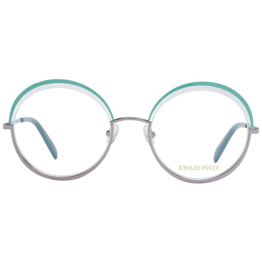 Emilio Pucci Green Women Glasses Frame in metal half-rim style with round lenses and branded case included.