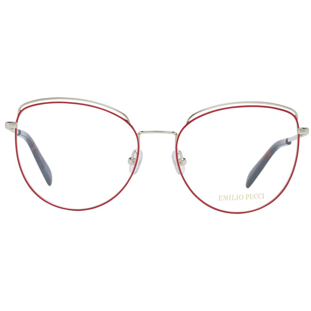 Emilio Pucci Red Women Glasses Frame, metal full-rim, butterfly style with demo lenses, includes branded case.