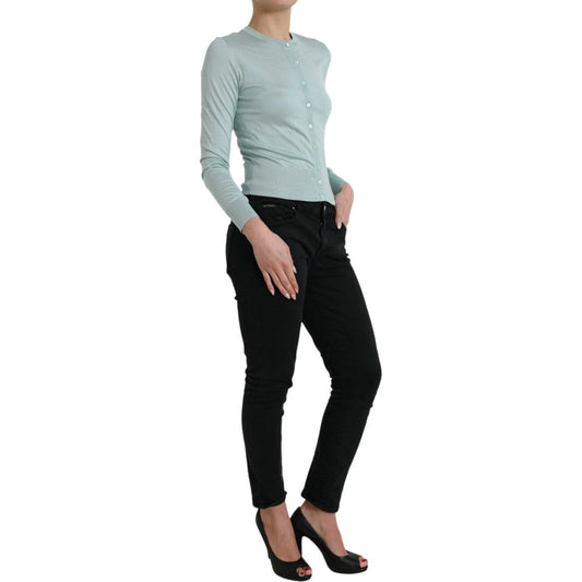 Dolce & Gabbana Light Blue Silk Crew Neck Cardigan Sweater TSH84538-44