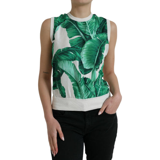 Dolce & Gabbana White Banana Leaf Print Crew Neck Tank Top TSH84843-36