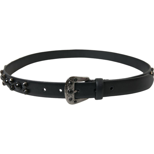 Dolce & Gabbana Black Embellished Leather Engraved Buckle Belt WMB343-95