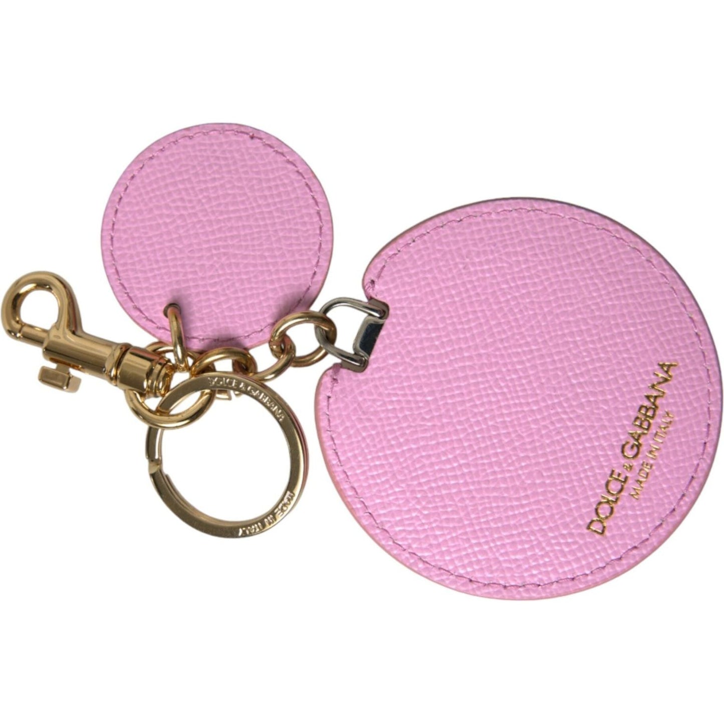 Dolce & Gabbana Pink Calf Leather Gold Metal Logo Print Keyring Keychain