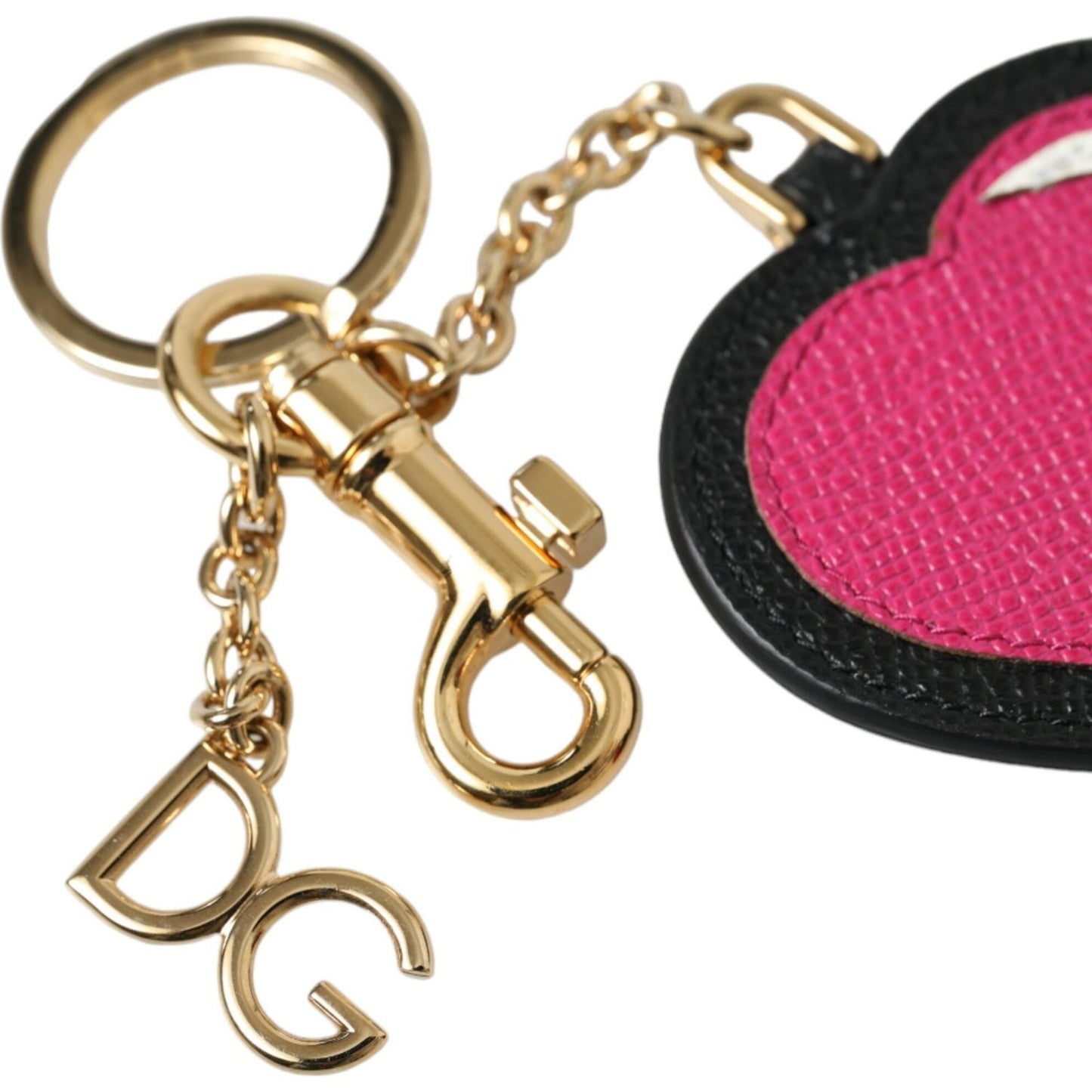 Dolce & Gabbana Pink Black Heart Leather Gold Tone Brass Keyring Keychain