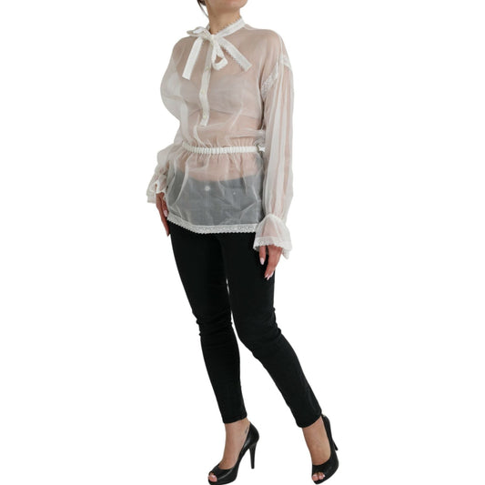 Dolce & Gabbana White Silk Long Sleeves Ascot Collar Top TSH84781-38