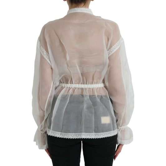 Dolce & Gabbana White Silk Long Sleeves Ascot Collar Top TSH84781-38