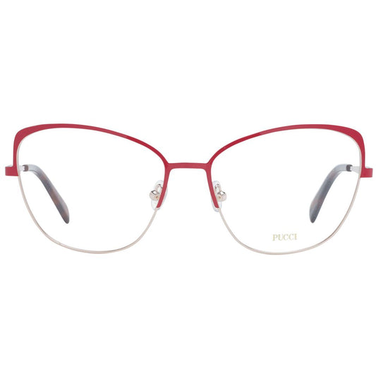 Emilio Pucci Red Women Glasses Frame, metal full-rim cat eye style with demo lenses, 56-16-140 size, includes branded case.