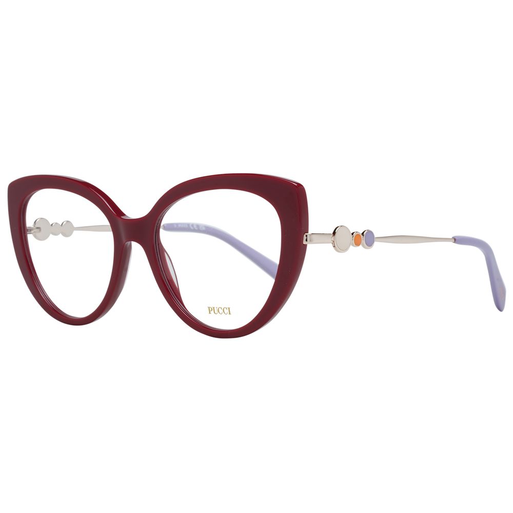 Emilio Pucci Red Women Glasses Frame in cat eye style with full-rim plastic design and branded case included.