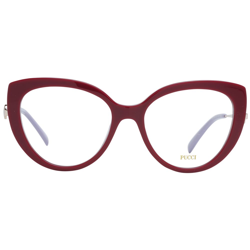 Emilio Pucci Red Women Glasses Frame, full-rim plastic cat eye style with 53mm width, includes branded case.