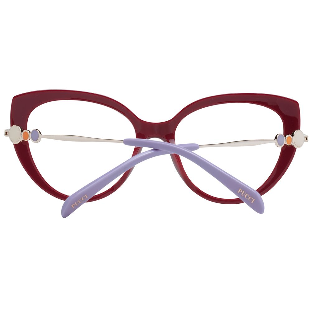 Emilio Pucci Red Women Glasses Frame, full-rim cat eye style with plastic material, lens width 53mm, includes branded case.