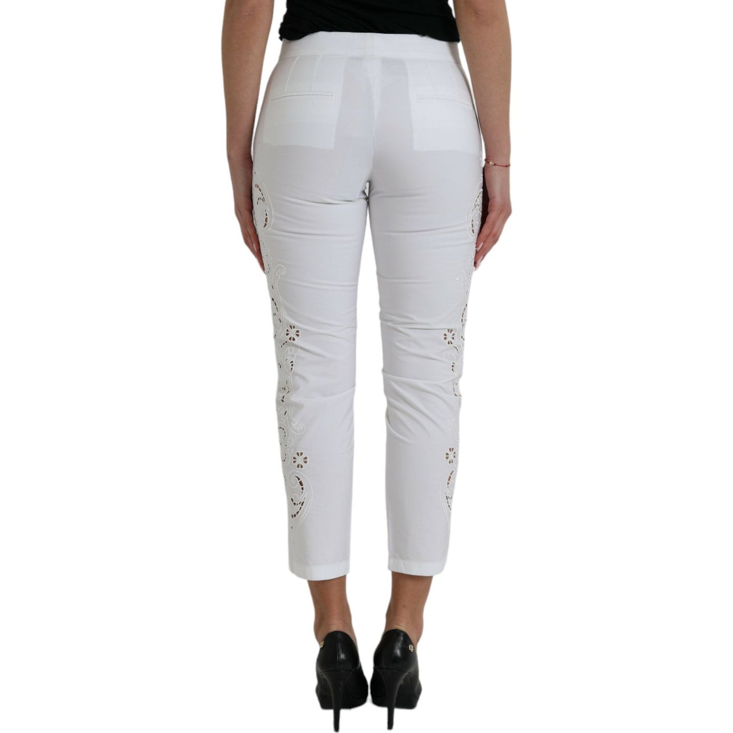 Dolce & Gabbana White Cut Out Cotton Mid Waist Cropped Pants