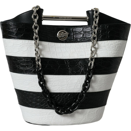 Balenciaga Black White Striped Exotic Skin Leather Maxi Bucket Tote Bag BAG1178