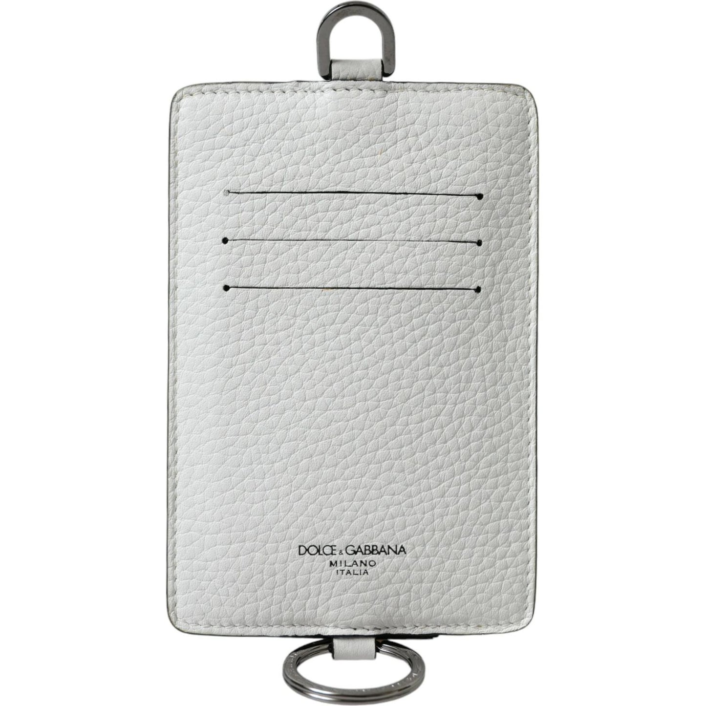 Dolce & Gabbana White Calf Leather Lanyard Logo Card Holder Wallet