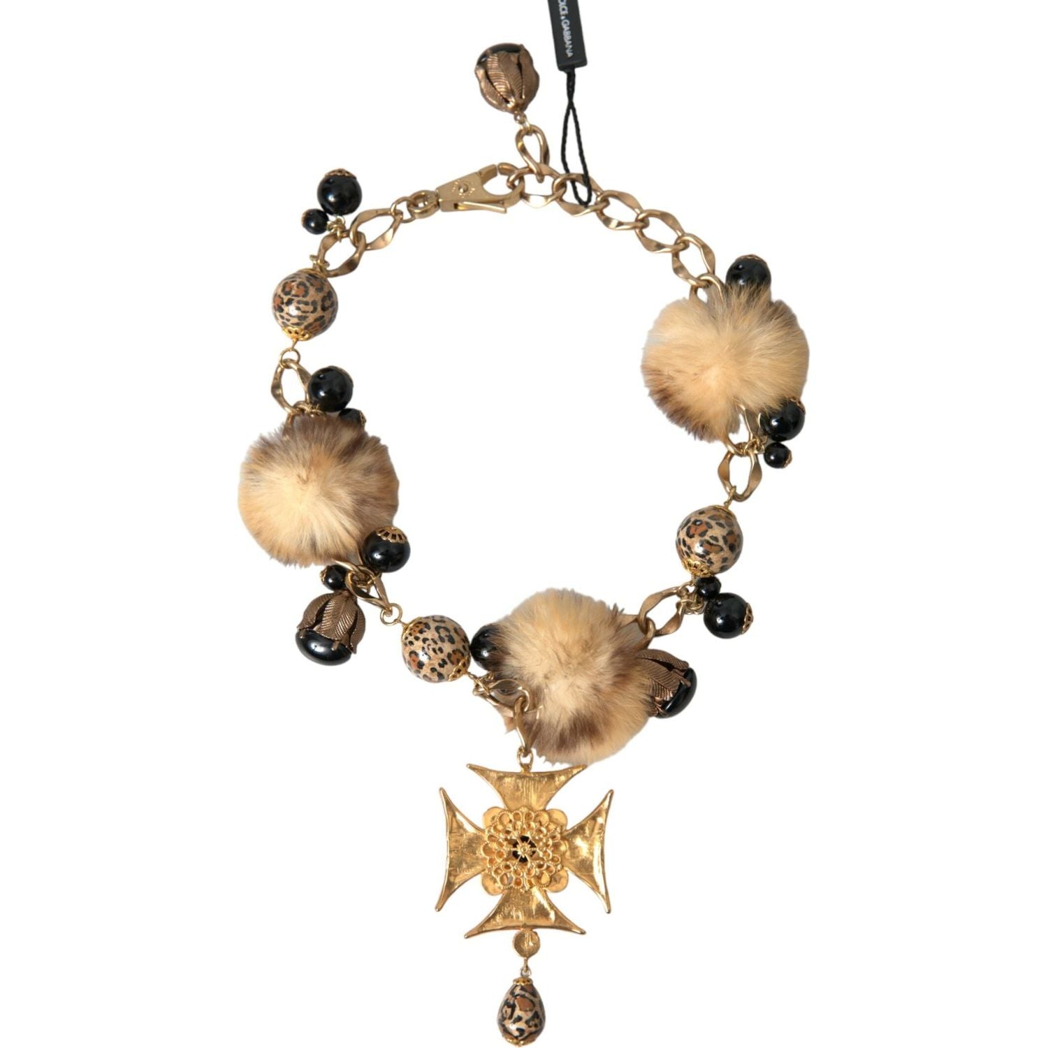 Dolce & Gabbana Gold Black Crystals Lapin Fur Filigree Chocker Necklace