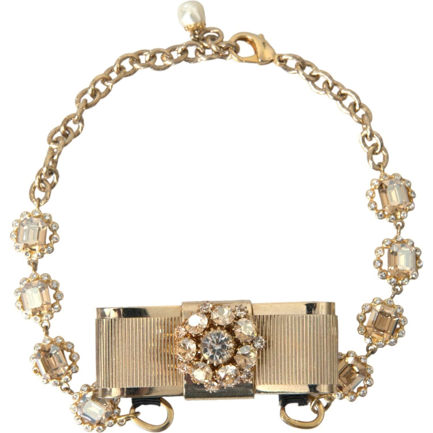 Dolce & Gabbana Gold Brass Clear Crystal Bow Chain Choker Necklace