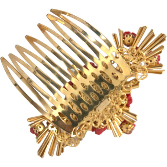 Dolce & Gabbana Gold Brass Crystal Heart Floral Hair Comb SMY101431