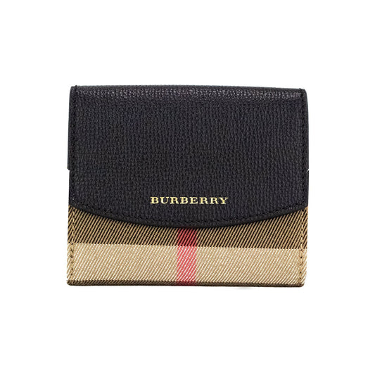 Burberry Luna Black Grained Leather House Check Canvas Coin Pouch Snap Wallet 55333