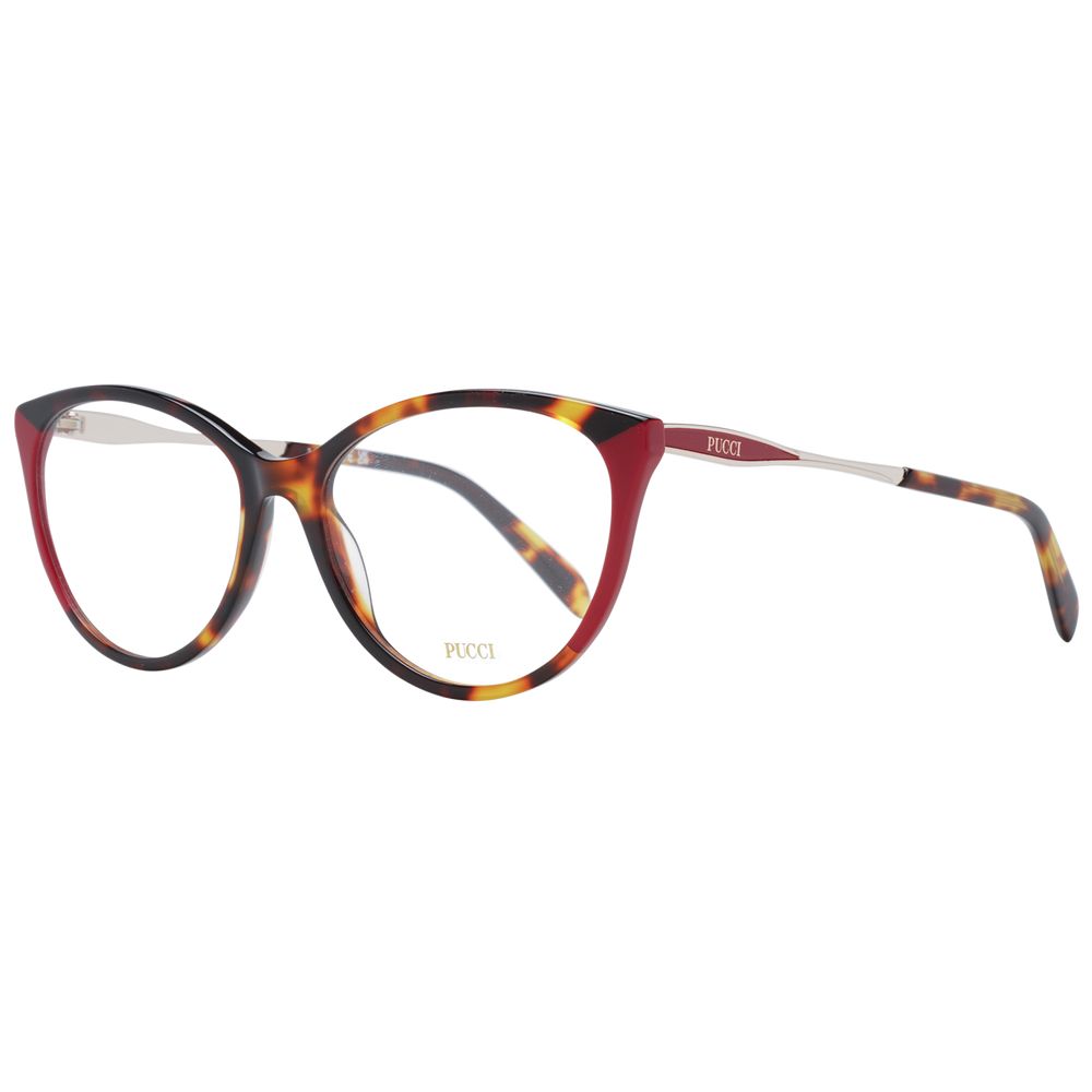 Emilio Pucci Red Women Glasses Frame, full-rim cat eye style with plastic demo lenses, frame size 55-16-140, includes branded case.