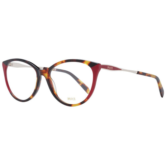 Emilio Pucci Red Women Glasses Frame, full-rim cat eye style with plastic demo lenses, frame size 55-16-140, includes branded case.