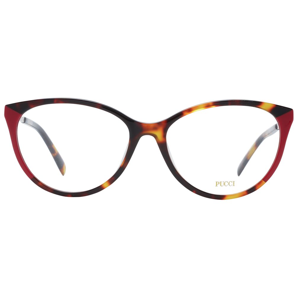 Emilio Pucci Red Women Glasses Frame, cat eye style, full-rim plastic frame with demo lenses, size 55-16-140, includes branded case.
