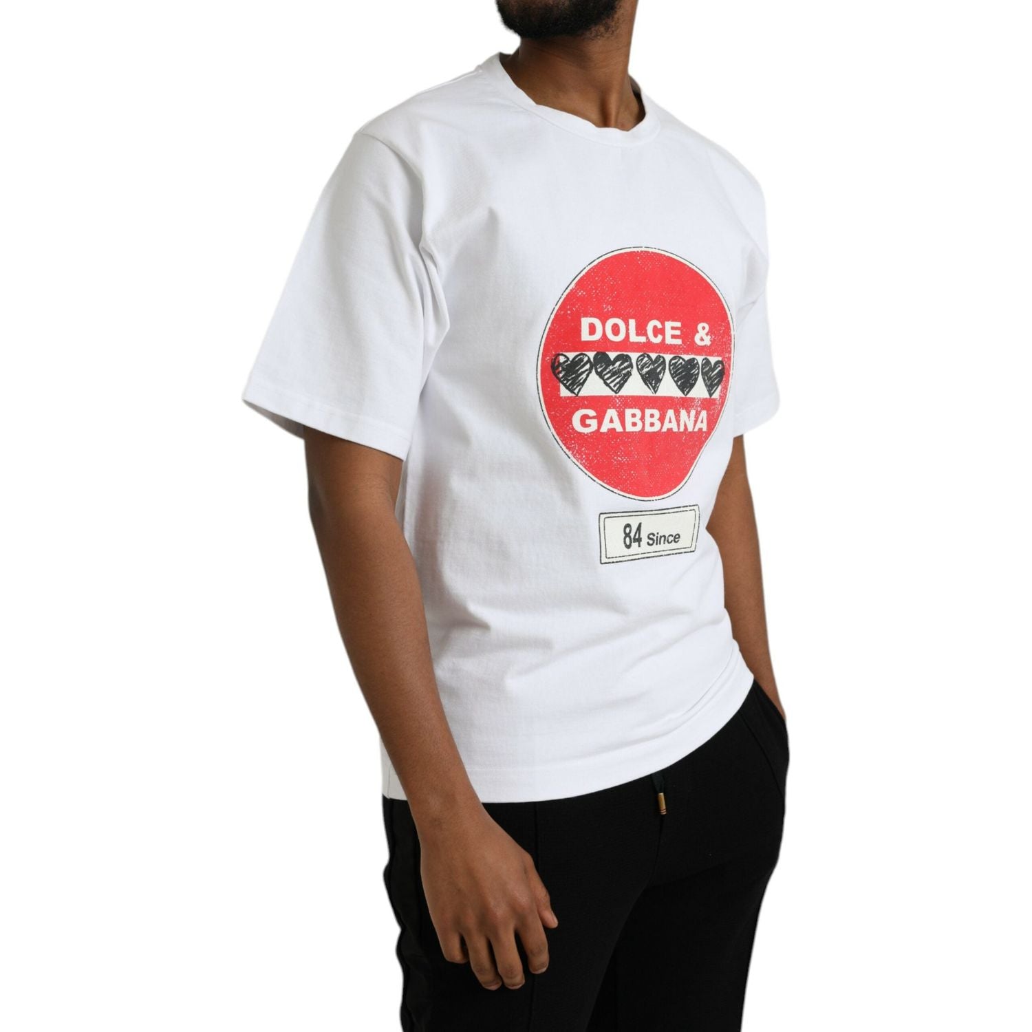 تي شيرت Dolce &amp; Gabbana أبيض من القطن بياقة دائرية وأكمام قصيرة بطبعة قلب